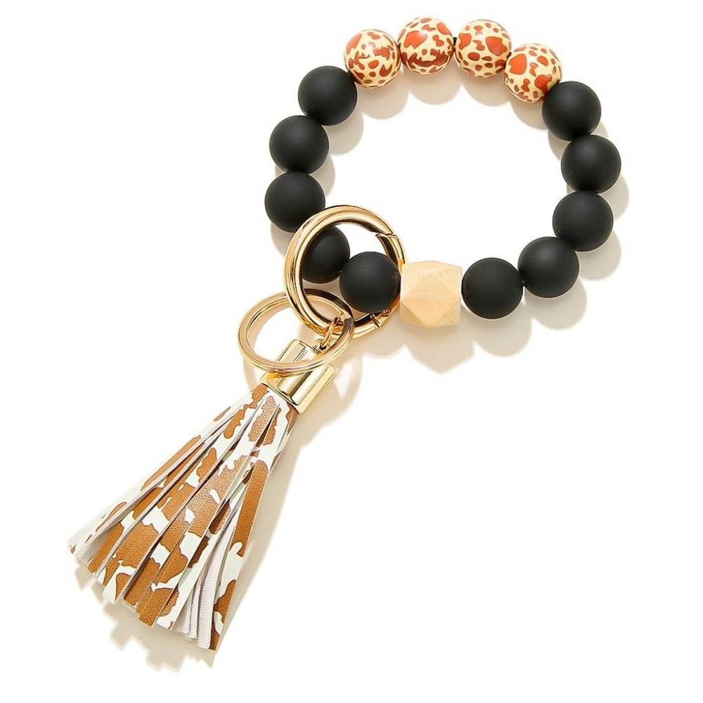 Wooden Yellow/Brown Animal Print Beaded Bracelet Keychain Purse Charm